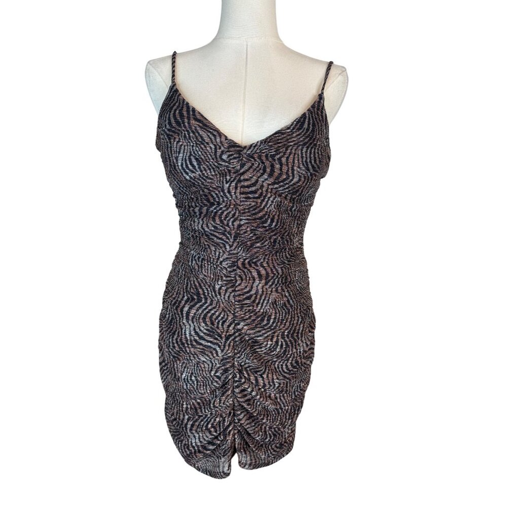 NWT JUMP Apparel Brown Zebra Small Print Ruched Bodycon Mini Dress Thin Straps